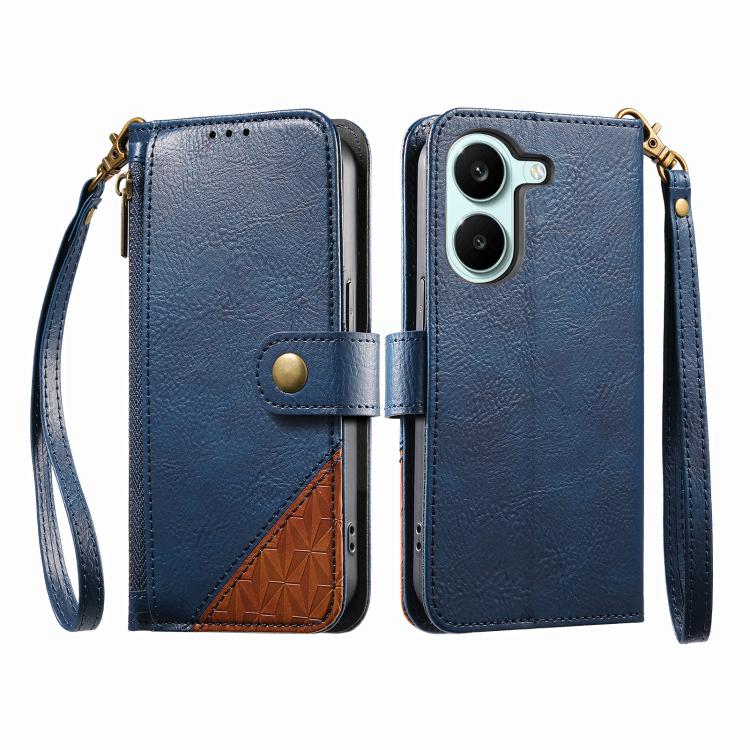 For Redmi Turbo 5 5G Splicing Zipper Wallet Vegan Leather Phone Case with Strap