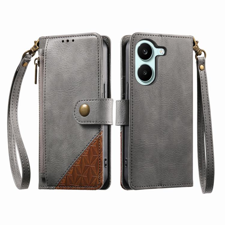 For Redmi Turbo 5 5G Splicing Zipper Wallet Vegan Leather Phone Case with Strap