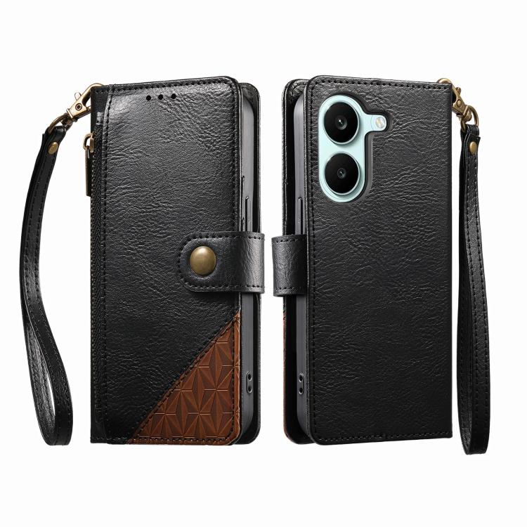 For Xiaomi Poco X8 Pro 5G Splicing Zipper Wallet Vegan Leather Phone Case with Strap