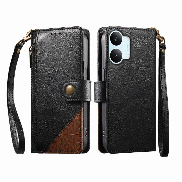 For Redmi Turbo 5 Max 5G Splicing Zipper Wallet Vegan Leather Phone Case with Strap