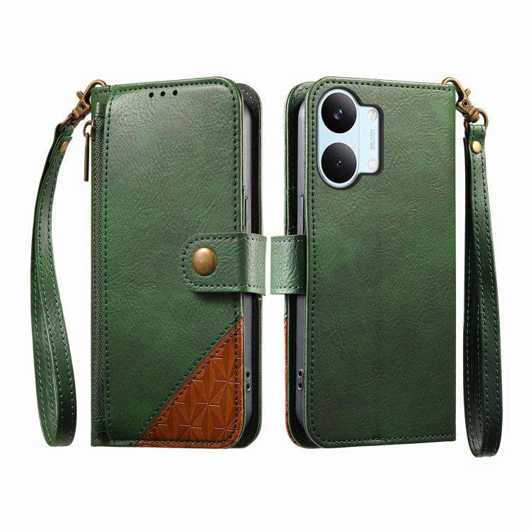 For Xiaomi Poco X8 Pro Max 5G Splicing Zipper Wallet Vegan Leather Phone Case with Strap