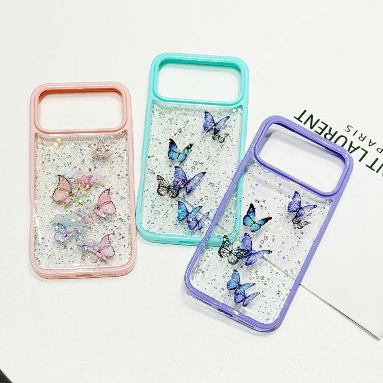 For iPhone 17 Pro Max Color Butterfly Glitter Epoxy TPU Phone Case