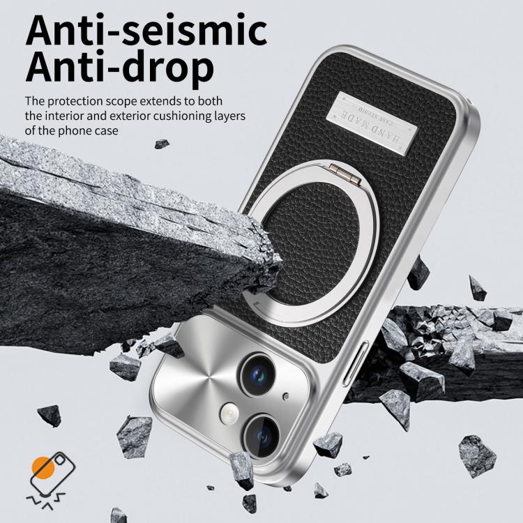 For iPhone 13 Litchi Texture Plated Magnetic Holder Shockproof Phone Case