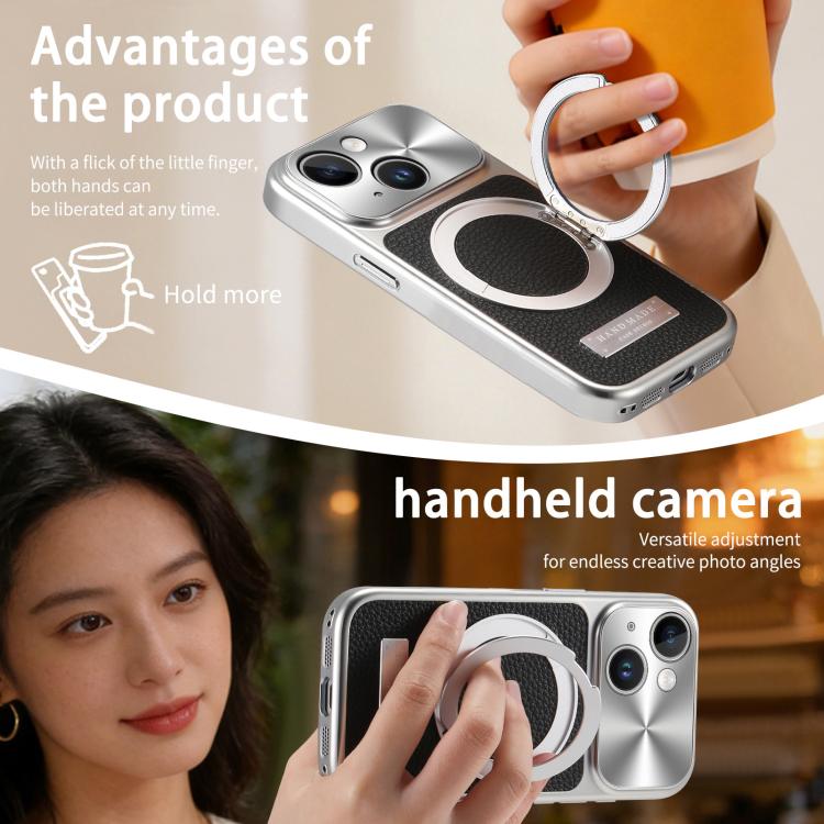 For iPhone 13 Litchi Texture Plated Magnetic Holder Shockproof Phone Case