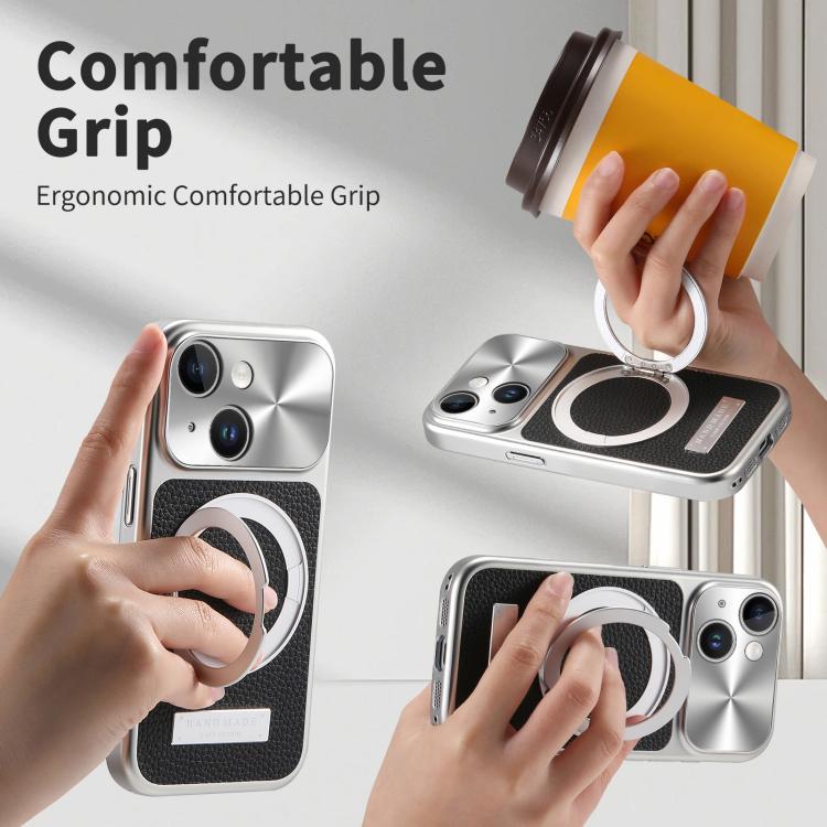 For iPhone 13 Litchi Texture Plated Magnetic Holder Shockproof Phone Case