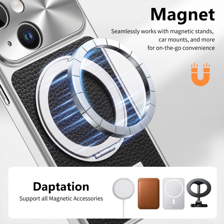 For iPhone 13 Litchi Texture Plated Magnetic Holder Shockproof Phone Case