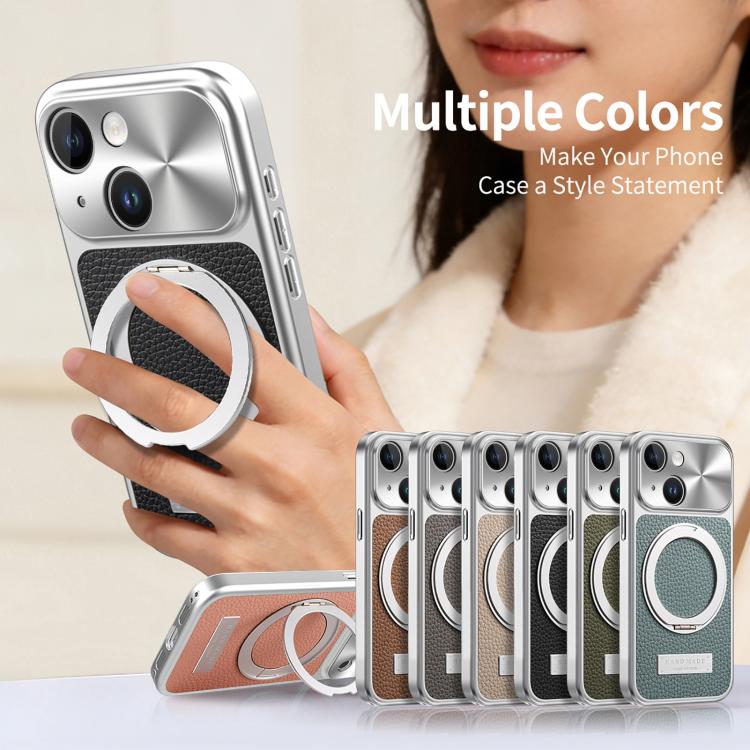For iPhone 13 Litchi Texture Plated Magnetic Holder Shockproof Phone Case