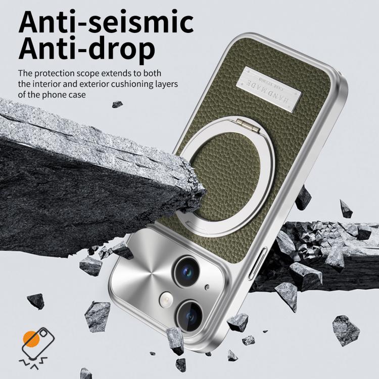 For iPhone 13 Litchi Texture Plated Magnetic Holder Shockproof Phone Case