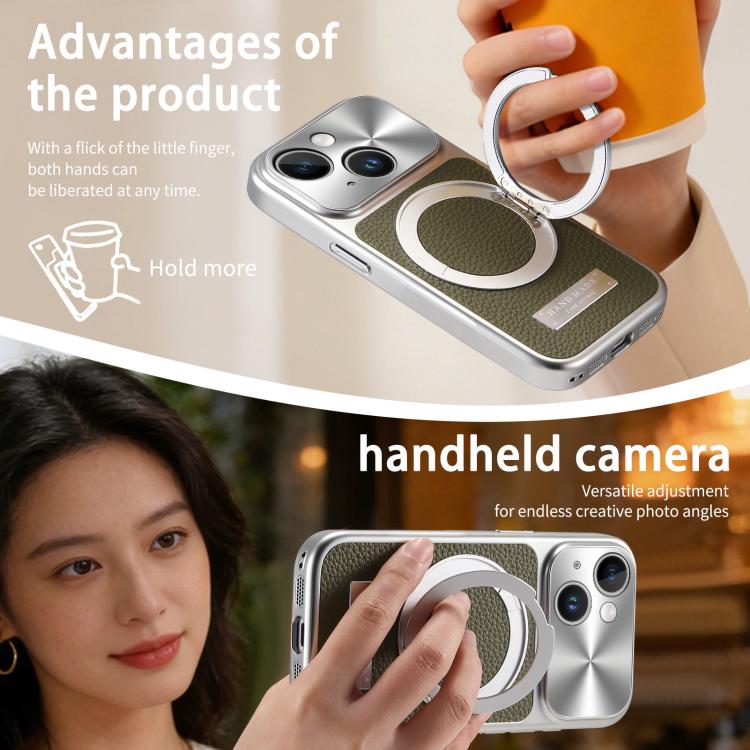 For iPhone 13 Litchi Texture Plated Magnetic Holder Shockproof Phone Case
