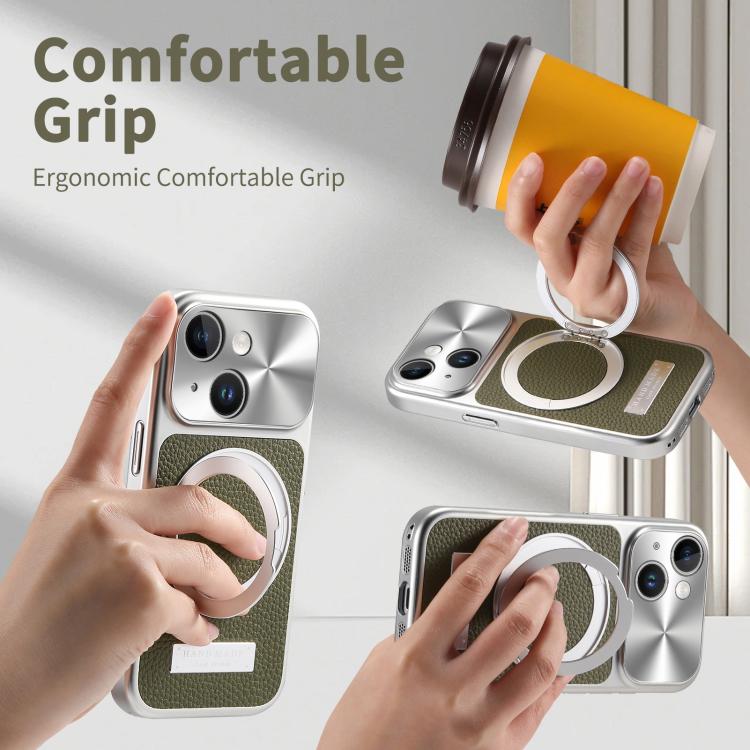For iPhone 13 Litchi Texture Plated Magnetic Holder Shockproof Phone Case