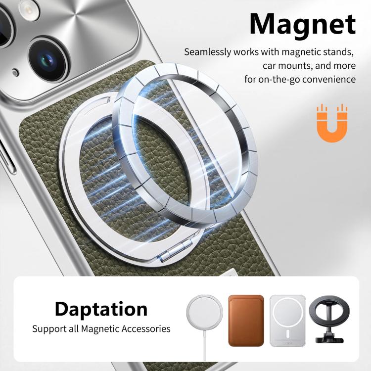 For iPhone 13 Litchi Texture Plated Magnetic Holder Shockproof Phone Case