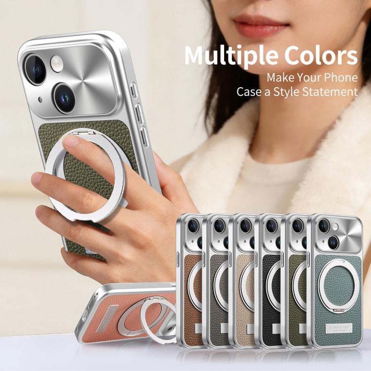 For iPhone 13 Litchi Texture Plated Magnetic Holder Shockproof Phone Case