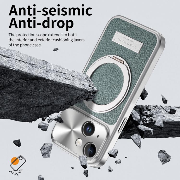 For iPhone 13 Litchi Texture Plated Magnetic Holder Shockproof Phone Case