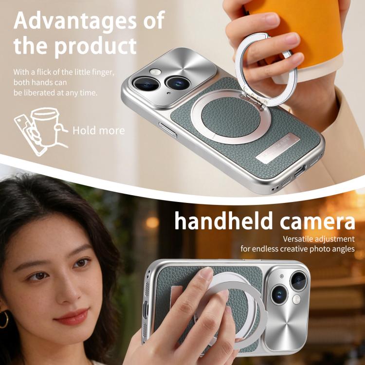 For iPhone 13 Litchi Texture Plated Magnetic Holder Shockproof Phone Case
