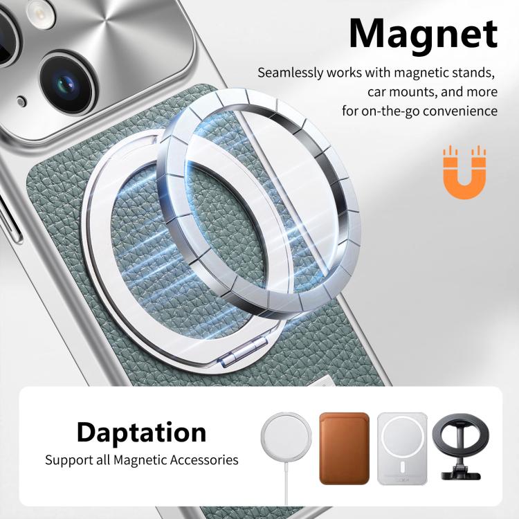 For iPhone 13 Litchi Texture Plated Magnetic Holder Shockproof Phone Case