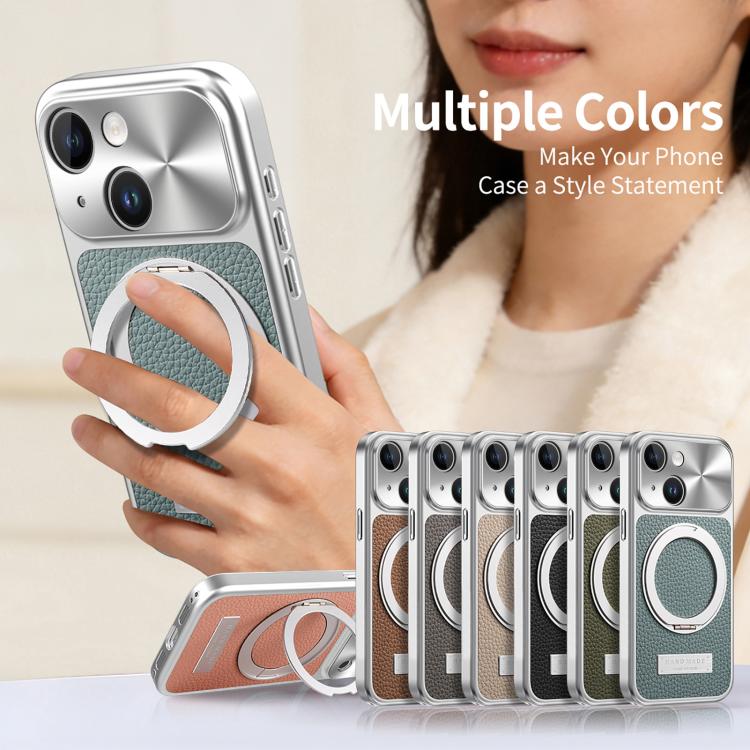 For iPhone 13 Litchi Texture Plated Magnetic Holder Shockproof Phone Case