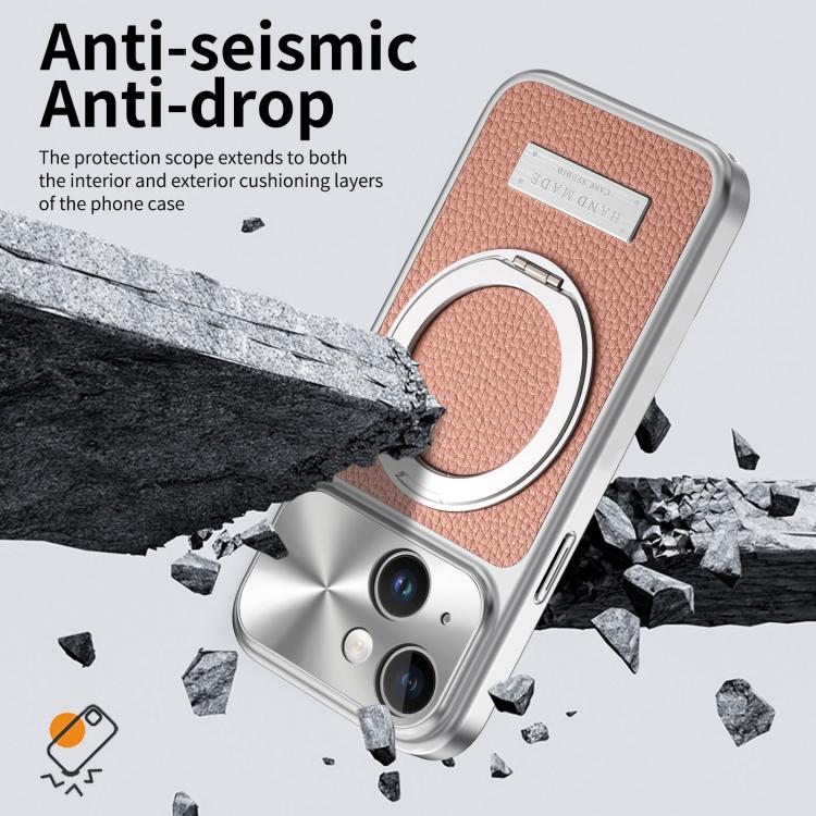 For iPhone 13 Litchi Texture Plated Magnetic Holder Shockproof Phone Case