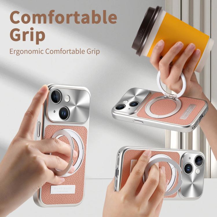 For iPhone 13 Litchi Texture Plated Magnetic Holder Shockproof Phone Case