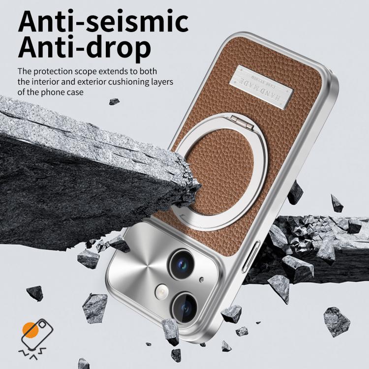 For iPhone 13 Litchi Texture Plated Magnetic Holder Shockproof Phone Case