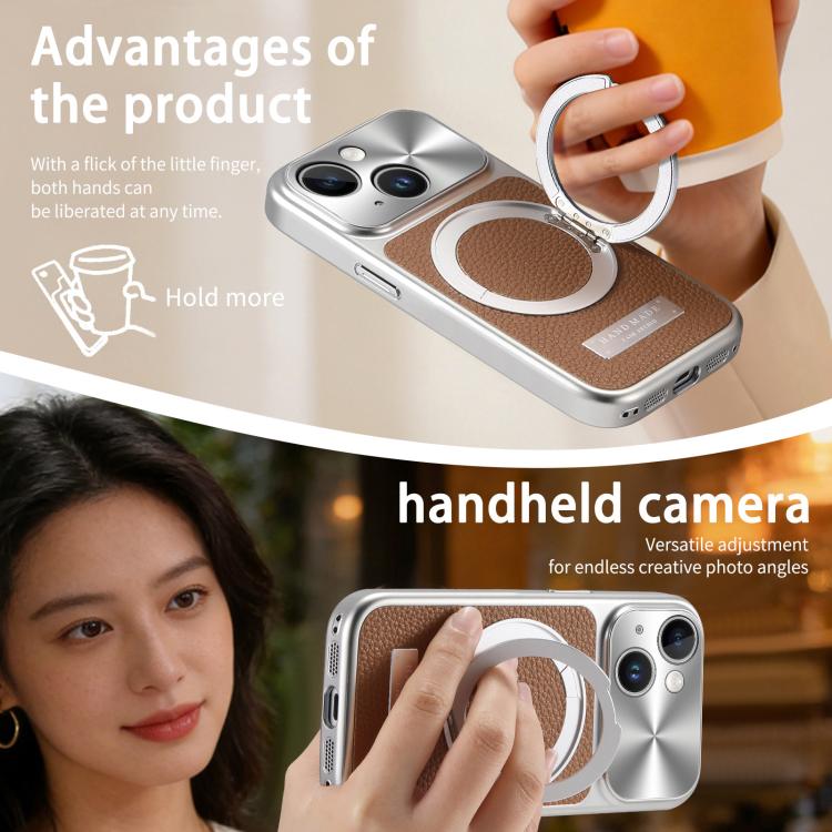 For iPhone 13 Litchi Texture Plated Magnetic Holder Shockproof Phone Case