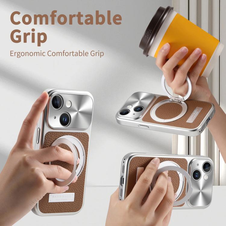 For iPhone 13 Litchi Texture Plated Magnetic Holder Shockproof Phone Case