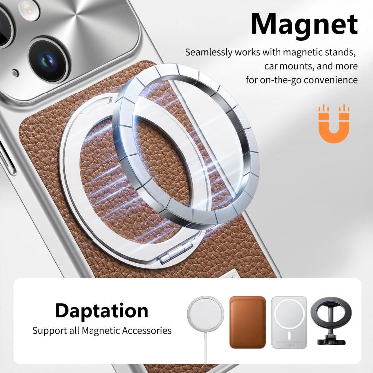 For iPhone 13 Litchi Texture Plated Magnetic Holder Shockproof Phone Case