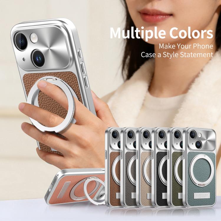 For iPhone 13 Litchi Texture Plated Magnetic Holder Shockproof Phone Case