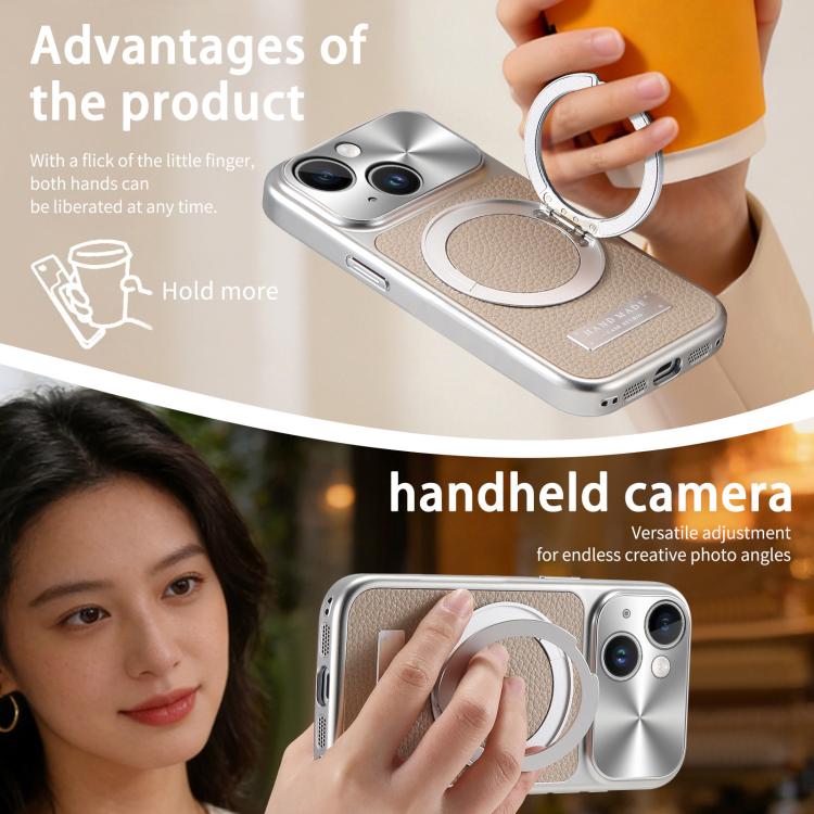 For iPhone 13 Litchi Texture Plated Magnetic Holder Shockproof Phone Case