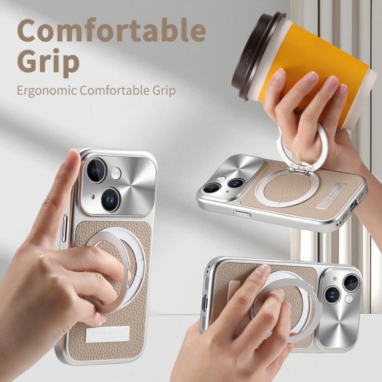 For iPhone 13 Litchi Texture Plated Magnetic Holder Shockproof Phone Case