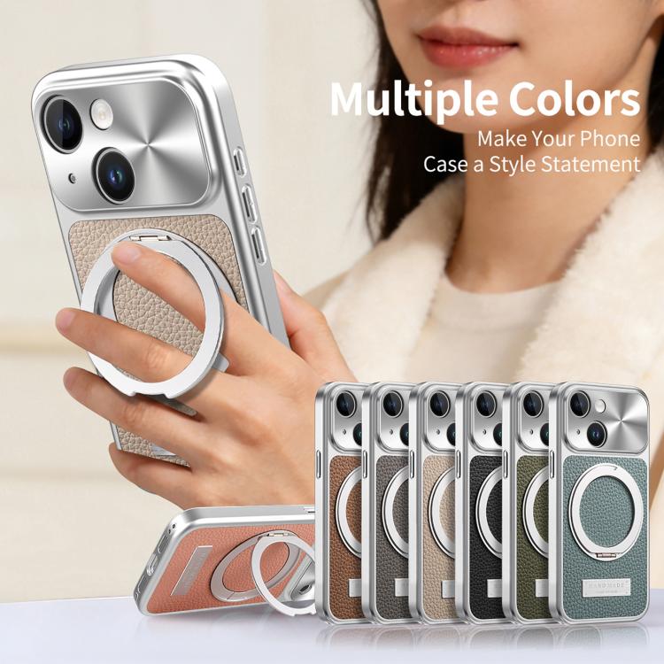For iPhone 13 Litchi Texture Plated Magnetic Holder Shockproof Phone Case