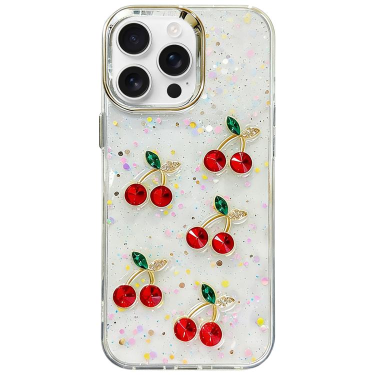 For iPhone 16 Pro Max Glitter 3D Cherry Epoxy Resin Phone Case