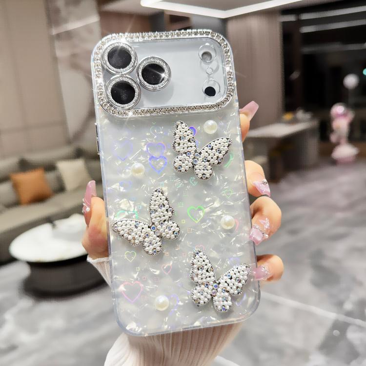 For iPhone 17 Pro Shell Texture 3D Pearl Butterfly Diamond Glitter Phone Case