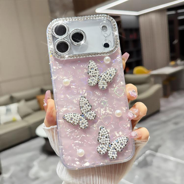 For iPhone 17 Pro Shell Texture 3D Pearl Butterfly Diamond Glitter Phone Case