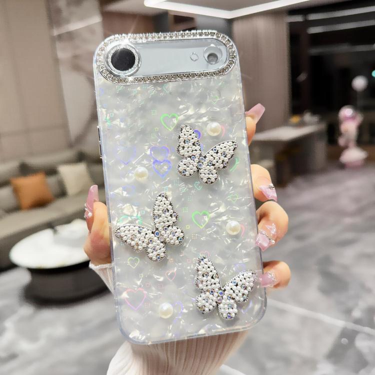 For iPhone Air Shell Texture 3D Pearl Butterfly Diamond Glitter Phone Case