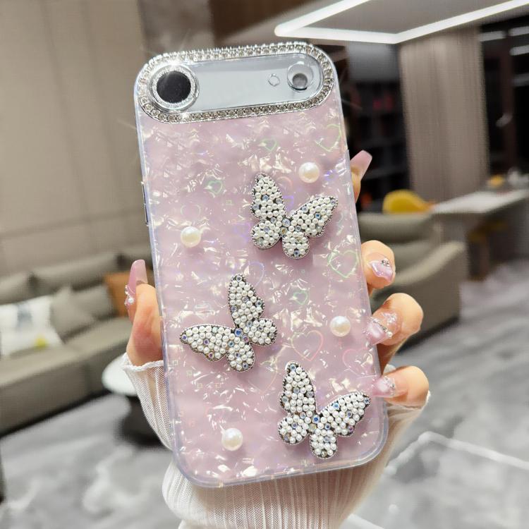 For iPhone Air Shell Texture 3D Pearl Butterfly Diamond Glitter Phone Case