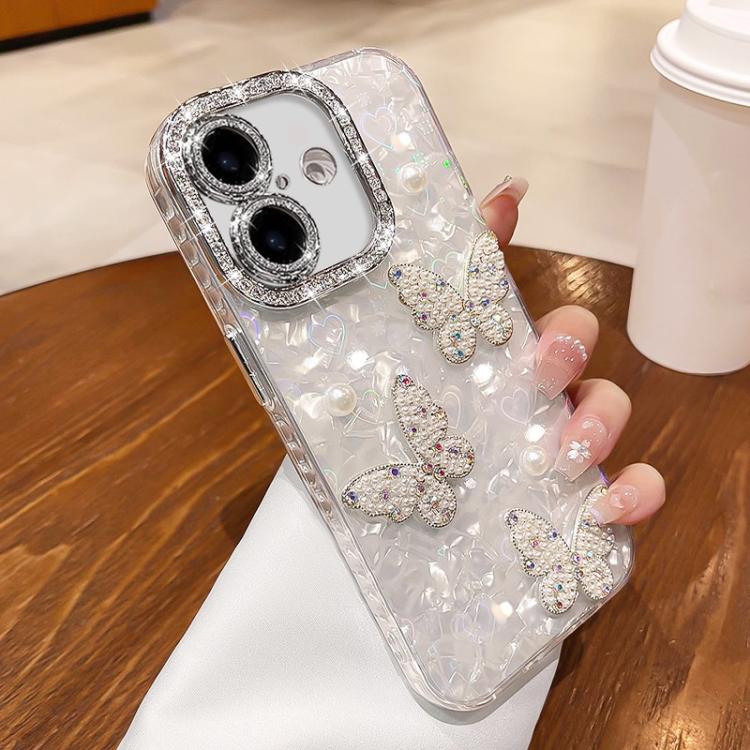 For iPhone 16 Plus Shell Texture 3D Pearl Butterfly Diamond Glitter Phone Case