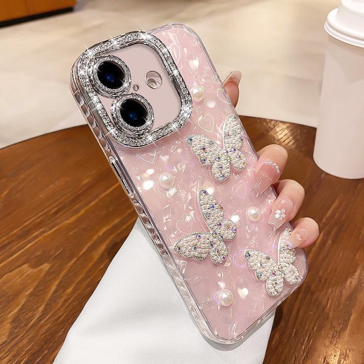 For iPhone 16 Shell Texture 3D Pearl Butterfly Diamond Glitter Phone Case