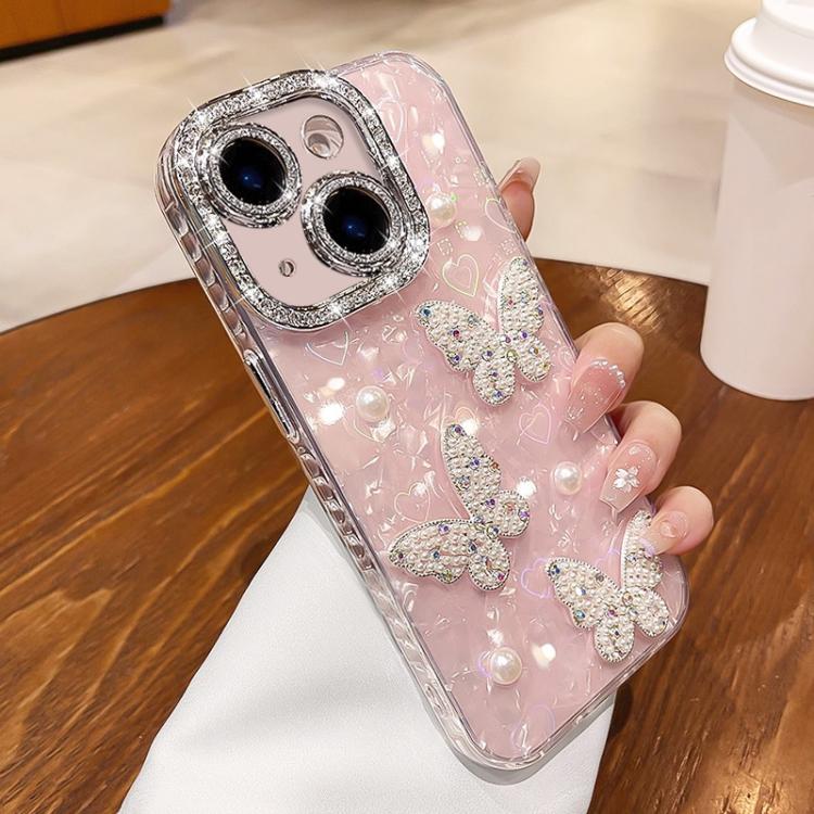 For iPhone 15 Plus Shell Texture 3D Pearl Butterfly Diamond Glitter Phone Case