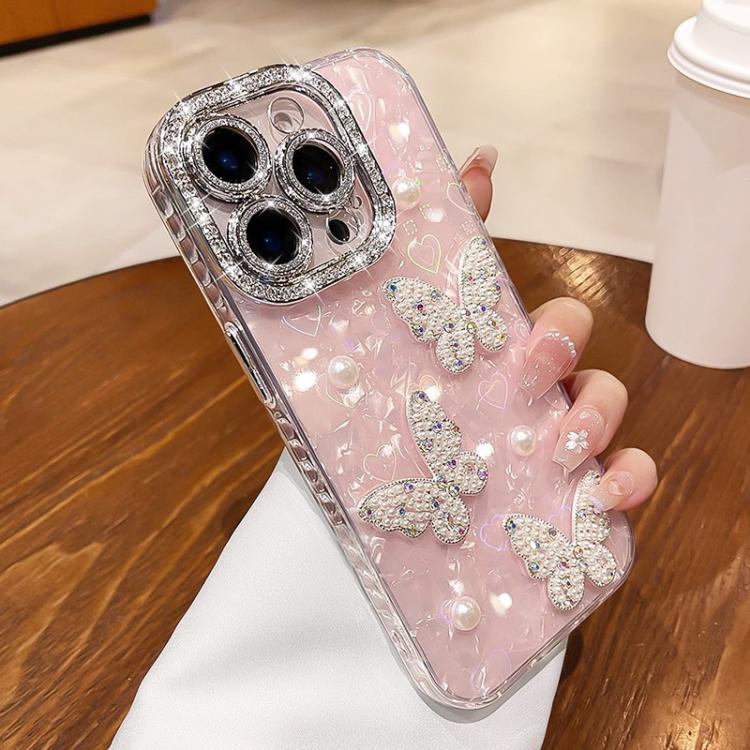 For iPhone 14 Pro Max Shell Texture 3D Pearl Butterfly Diamond Glitter Phone Case