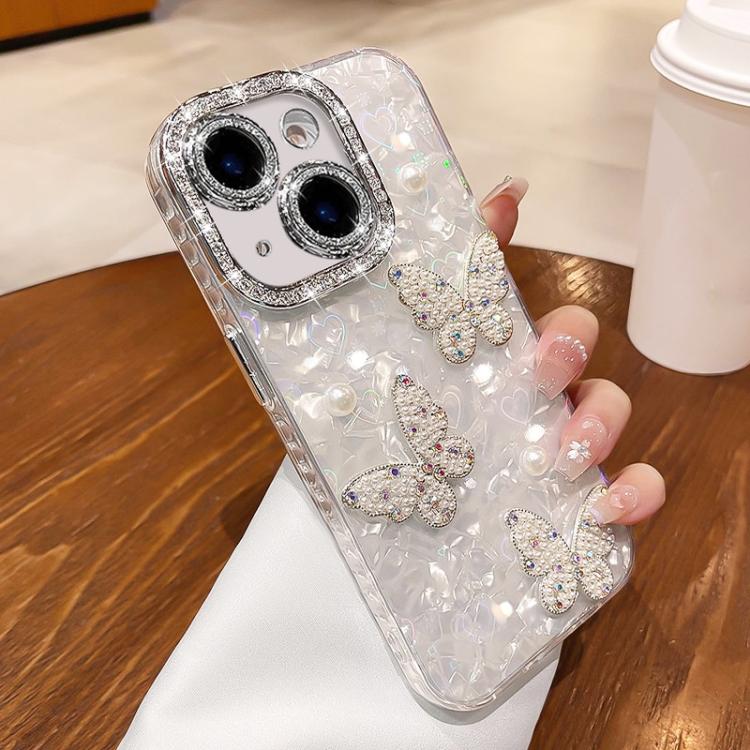 For iPhone 14 Shell Texture 3D Pearl Butterfly Diamond Glitter Phone Case