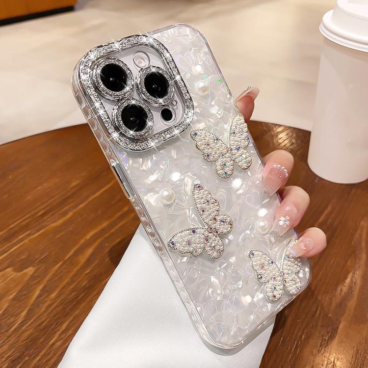 For iPhone 13 Pro Max Shell Texture 3D Pearl Butterfly Diamond Glitter Phone Case