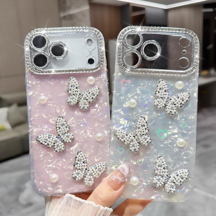 For iPhone 16 Shell Texture 3D Pearl Butterfly Diamond Glitter Phone Case