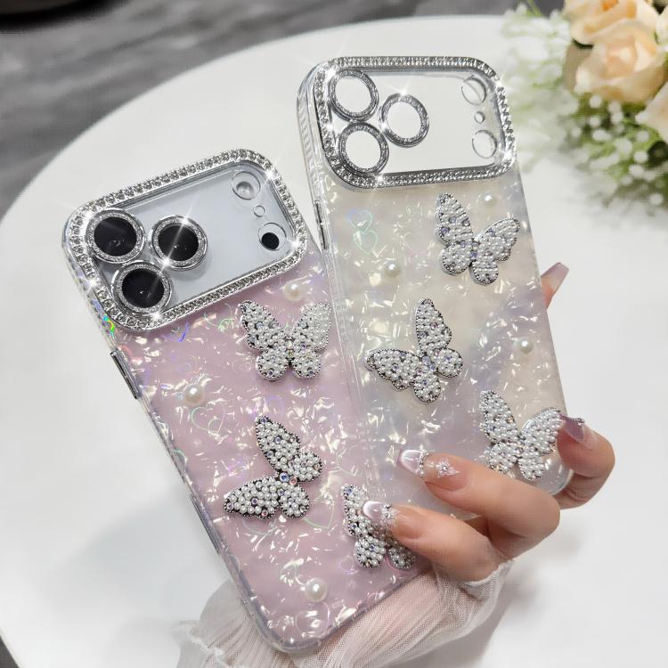 For iPhone 16 Shell Texture 3D Pearl Butterfly Diamond Glitter Phone Case