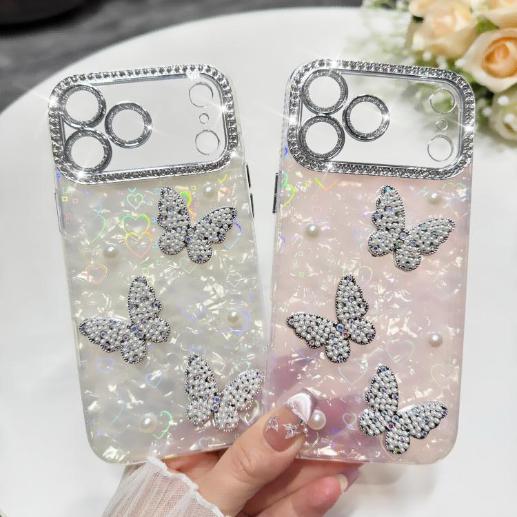 For iPhone 16 Pro Shell Texture 3D Pearl Butterfly Diamond Glitter Phone Case