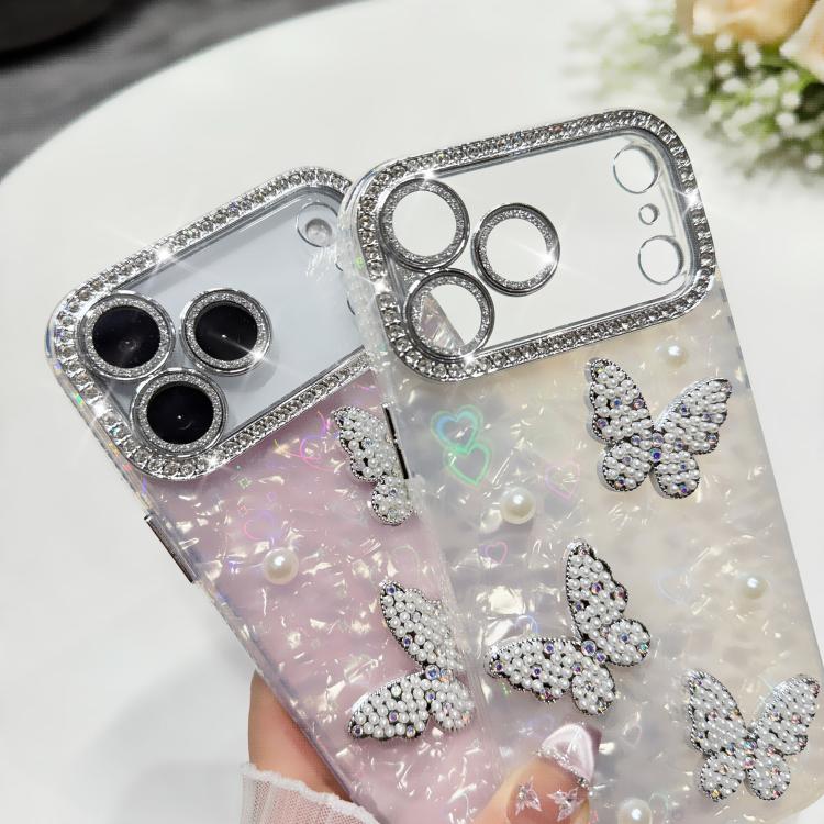 For iPhone 16 Shell Texture 3D Pearl Butterfly Diamond Glitter Phone Case