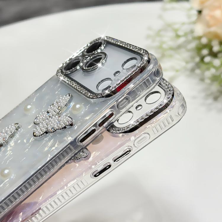 For iPhone 16 Shell Texture 3D Pearl Butterfly Diamond Glitter Phone Case