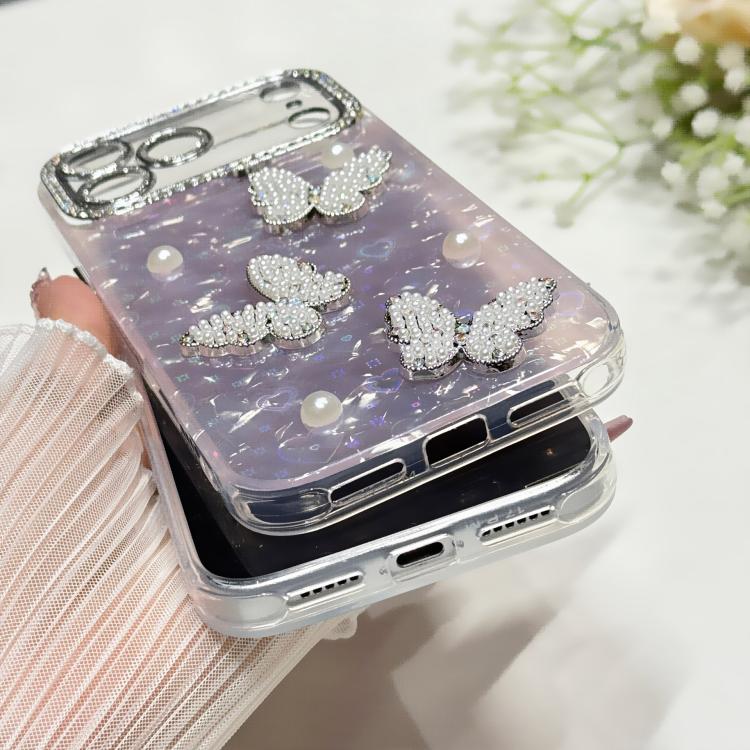 For iPhone 16 Shell Texture 3D Pearl Butterfly Diamond Glitter Phone Case