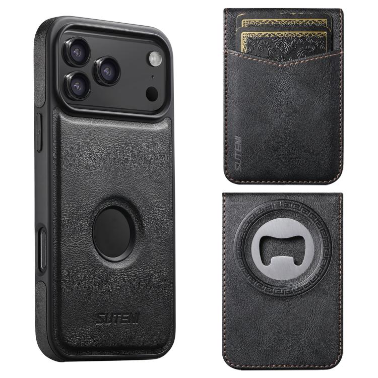 For iPhone 15 Plus Suteni G1S5 2-in-1 Magnetic Detachable Bottle Opener Card Bag Cow Leather Back Phone Case