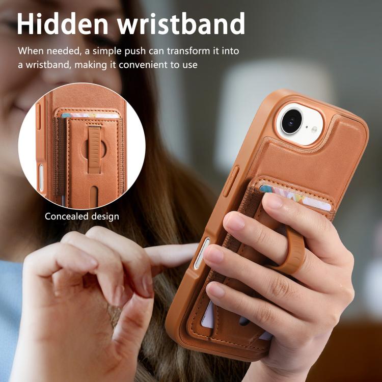 For iPhone 17e / 16e CaseNeo Retro Wristband Elastic Card Bag Magnetic Back Phone Case