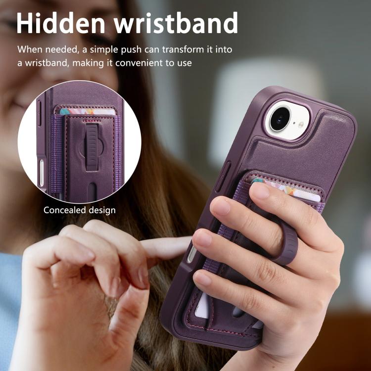 For iPhone 17e / 16e CaseNeo Retro Wristband Elastic Card Bag Magnetic Back Phone Case